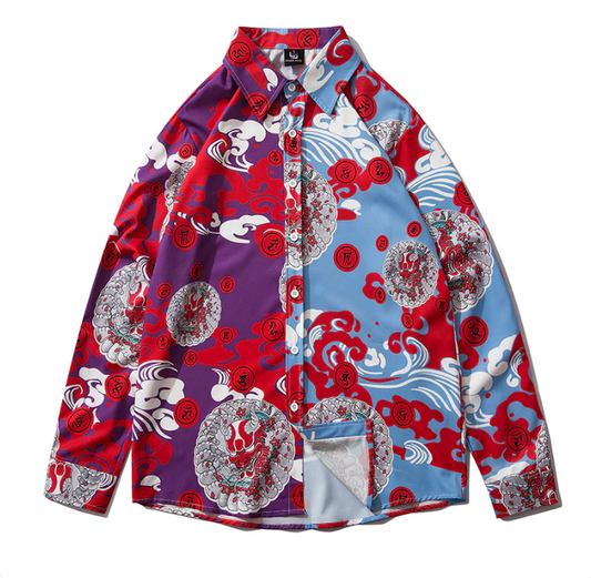 Japanese Style Demon Print Patchwork Streetwear Shirts Mens Casual Long Sleeve Shirt Camisas Hip Hop Shirts Top Clothes