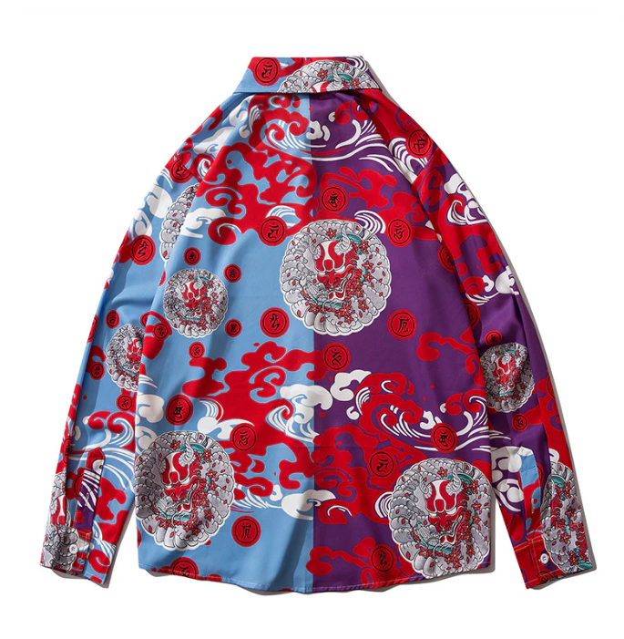 Japanese Style Demon Print Patchwork Streetwear Shirts Mens Casual Long Sleeve Shirt Camisas Hip Hop Shirts Top Clothes