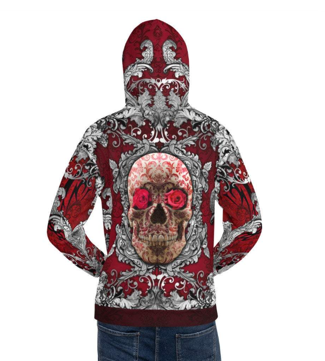 Skull Sweater, Hip Hop Streetwear, Street Outfit, Goth Hoodie, Alternative Clothing, Plus Size, Unisex - Silver and Red