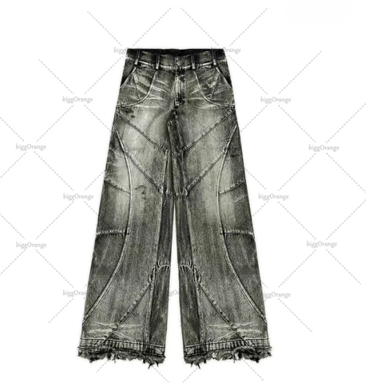 Streetwear Punk Hip Hop Jeans West Coast Workwear Ripped Rap Style Loose Wash Plus Size Clothing Men Mopping