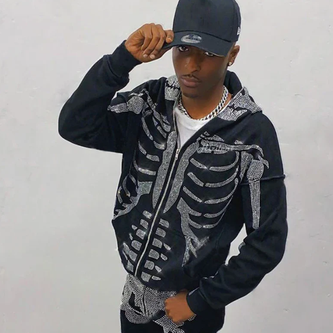 Rhinestone Full Zip Hoodie Skeleton Goth Sweatshirt Pull Long Sleeve Black Hoodies Y2k Fashion Men's Women's Sport Jacket