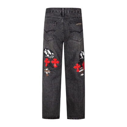Chrome Hearts Multi Cross Patch Denim Jeans - Grey Gothic Street Pants 1111