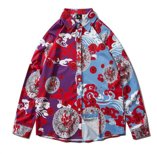Japanese Style Demon Print Patchwork Streetwear Shirts Mens Casual Long Sleeve Shirt Camisas Hip Hop Shirts Top Clothes