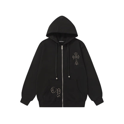 Chrome Hearts Rhinestone Cross Hoodie - Black Gothic Streetwear Sweatshirt 2633