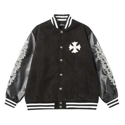 Chrome Hearts Cross Embroidered Leather Sleeve Varsity Jacket - Black Street Style 116