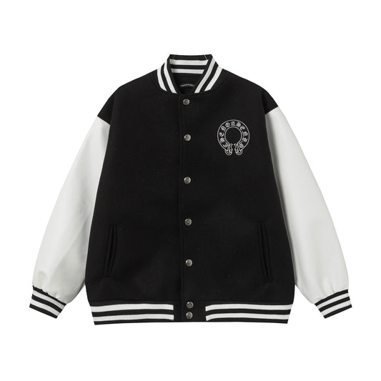 Chrome Hearts Layered Cross Varsity Jacket - Black White Street Style Outerwear 2208