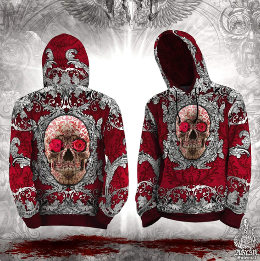 Skull Sweater, Hip Hop Streetwear, Street Outfit, Goth Hoodie, Alternative Clothing, Plus Size, Unisex - Silver and Red