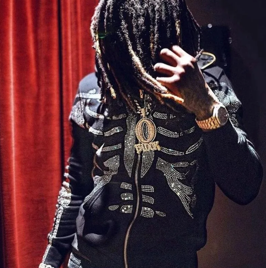 Rhinestone Full Zip Hoodie Skeleton Goth Sweatshirt Pull Long Sleeve Black Hoodies Y2k Fashion Men's Women's Sport Jacket